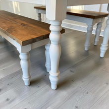 Load image into Gallery viewer, Farmhouse Table Set with Turned Legs, Two Benches, Provincial Brown Top and Gray Sun-Bleached Stain Base Dining Set
