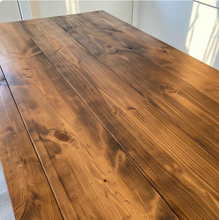 Load image into Gallery viewer, Farmhouse Table Set with Turned Legs, Two Benches, Provincial Brown Top and Gray Sun-Bleached Stain Base Dining Set