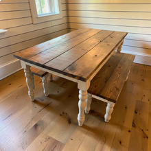 Load image into Gallery viewer, Farmhouse Table Set with Turned Legs, Two Benches, Provincial Brown Top and Gray Sun-Bleached Stain Base Dining Set