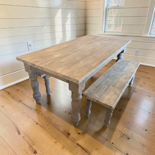 Load image into Gallery viewer, Rustic Farmhouse Table Set with Turned Chunky Legs, Includes two Benches, Gray White Wash Top and Classic Gray Base Dining Set