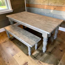 Load image into Gallery viewer, Rustic Farmhouse Table Set with Turned Chunky Legs, Includes two Benches, Gray White Wash Top and Classic Gray Base Dining Set