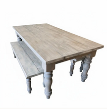 Load image into Gallery viewer, Rustic Farmhouse Table Set with Turned Chunky Legs, Includes two Benches, Gray White Wash Top and Classic Gray Base Dining Set