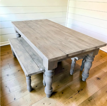 Load image into Gallery viewer, Rustic Farmhouse Table Set with Turned Chunky Legs, Includes two Benches, Gray White Wash Top and Classic Gray Base Dining Set