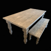 Load image into Gallery viewer, Rustic Farmhouse Table Set with Turned Chunky Legs, Includes two Benches, Gray White Wash Top and Classic Gray Base Dining Set