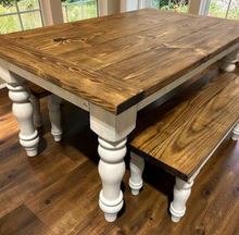 Load image into Gallery viewer, Turned Leg Farmhouse Dining Table - With Benches - Provincial Brown and Sun Bleached Base - Breadboard Ends - Kitchen Table Set