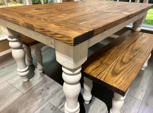Load image into Gallery viewer, Turned Leg Farmhouse Dining Table - With Benches - Provincial Brown and Sun Bleached Base - Breadboard Ends - Kitchen Table Set