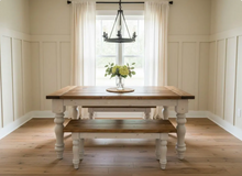 Load image into Gallery viewer, Turned Leg Farmhouse Dining Table - With Benches - Provincial Brown and Sun Bleached Base - Breadboard Ends - Kitchen Table Set