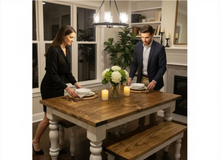 Load image into Gallery viewer, Turned Leg Farmhouse Dining Table - With Benches - Provincial Brown and Sun Bleached Base - Breadboard Ends - Kitchen Table Set