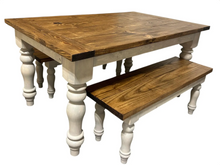 Load image into Gallery viewer, Turned Leg Farmhouse Dining Table - With Benches - Provincial Brown and Sun Bleached Base - Breadboard Ends - Kitchen Table Set