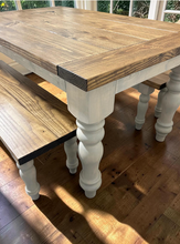 Load image into Gallery viewer, Turned Leg Farmhouse Dining Table - With Benches - Provincial Brown and Sun Bleached Base - Breadboard Ends - Kitchen Table Set
