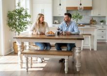 Load image into Gallery viewer, Turned Leg Farmhouse Dining Table - With Benches - Provincial Brown and Sun Bleached Base - Breadboard Ends - Kitchen Table Set
