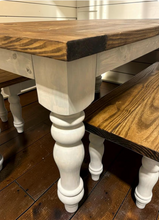 Load image into Gallery viewer, Turned Leg Farmhouse Dining Table - With Benches - Provincial Brown and Sun Bleached Base - Breadboard Ends - Kitchen Table Set