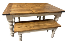 Load image into Gallery viewer, Turned Leg Farmhouse Dining Table - With Benches - Provincial Brown and Sun Bleached Base - Breadboard Ends - Kitchen Table Set