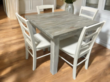 Load image into Gallery viewer, Square Farmhouse Table - With Chair Option - Small Dining Table - Wooden Nook Table Set - Gray White Wash, Distressed White
