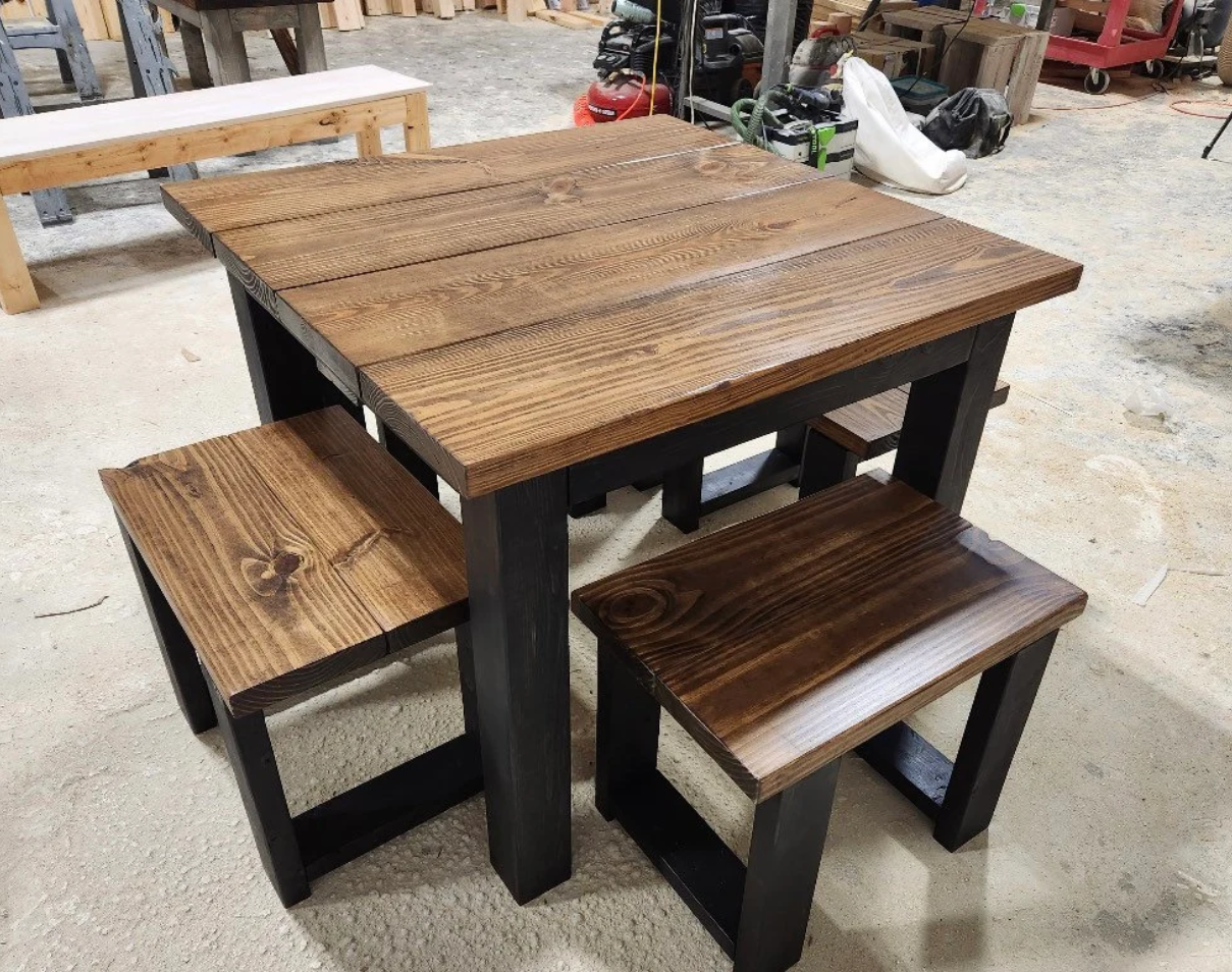 Square Farmhouse Table, Modern Farmhouse Table, Dining Set with Stools,  Table with Short Benches, Provincial Brown Top and Black Base