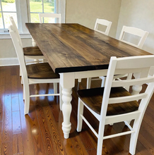 Load image into Gallery viewer, 7-Foot Farmhouse Table: Dark Walnut Top, Antique White Turned Legs