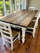 Load image into Gallery viewer, 7-Foot Farmhouse Table: Dark Walnut Top, Antique White Turned Legs