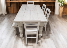 Load image into Gallery viewer, White Distressed Farmhouse Table Set: Wood Turned Legs, Bench & Chairs