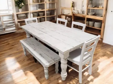 Load image into Gallery viewer, White Distressed Farmhouse Table Set: Wood Turned Legs, Bench & Chairs