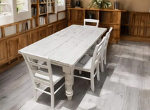 Load image into Gallery viewer, White Distressed Farmhouse Table Set: Wood Turned Legs, Bench & Chairs