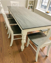 Load image into Gallery viewer, Rustic Farmhouse Dining Table Set: Turned Leg, Carbon Gray Whitewash Top