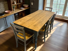 Load image into Gallery viewer, Rustic Turned Leg Farmhouse Table Set, Bench and Chairs with Black Base and Provincial Brown Top, Dining Table Set