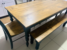 Load image into Gallery viewer, Rustic Turned Leg Farmhouse Table Set, Bench and Chairs with Black Base and Provincial Brown Top, Dining Table Set