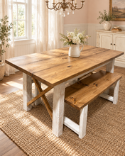 Load image into Gallery viewer, 6-Foot Classic X Style Farmhouse Table Set with Benches (Special Walnut, Distressed White)