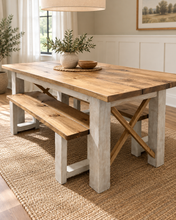 Load image into Gallery viewer, 6-Foot Classic X Style Farmhouse Table Set with Benches (Special Walnut, Distressed White)