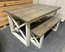 Load image into Gallery viewer, Rustic Farmhouse Dining Set with Benches - Classic Gray Stained Top - Antique White Base - Wooden X Legs - Small Dining Table