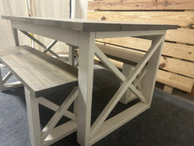 Load image into Gallery viewer, Rustic Farmhouse Dining Set with Benches - Classic Gray Stained Top - Antique White Base - Wooden X Legs - Small Dining Table