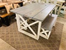 Load image into Gallery viewer, Rustic Farmhouse Dining Set with Benches - Classic Gray Stained Top - Antique White Base - Wooden X Legs - Small Dining Table
