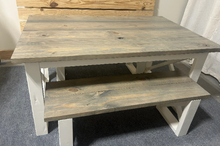 Load image into Gallery viewer, Rustic Farmhouse Dining Set with Benches - Classic Gray Stained Top - Antique White Base - Wooden X Legs - Small Dining Table