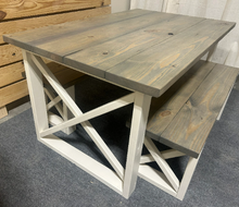 Load image into Gallery viewer, Rustic Farmhouse Dining Set with Benches - Classic Gray Stained Top - Antique White Base - Wooden X Legs - Small Dining Table