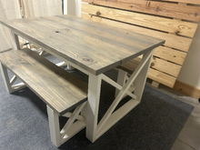 Load image into Gallery viewer, Rustic Farmhouse Dining Set with Benches - Classic Gray Stained Top - Antique White Base - Wooden X Legs - Small Dining Table