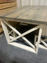 Load image into Gallery viewer, Rustic Farmhouse Dining Set with Benches - Classic Gray Stained Top - Antique White Base - Wooden X Legs - Small Dining Table