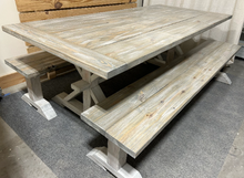 Load image into Gallery viewer, 7ft Classic Pedestal Table With Benches (Distressed White, Gray White Wash)