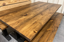 Load image into Gallery viewer, Trestle Style Farmhouse Table - Modern Provincial Brown with True Black - Wooden Dining Table with Benches