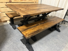 Load image into Gallery viewer, Modern Farmhouse Trestle Style Table Set - With Benches - Black Base with Provincial Brown Top - Dining and Kitchen Table
