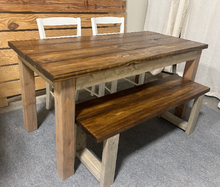Load image into Gallery viewer, Farmhouse Dining Table Set - Gray and Provincial Brown - Bench Seating and Chair Option - Narrow Wooden Kitchen or Dining Table