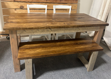 Load image into Gallery viewer, Farmhouse Dining Table Set - Gray and Provincial Brown - Bench Seating and Chair Option - Narrow Wooden Kitchen or Dining Table
