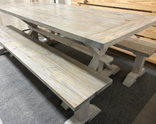 Load image into Gallery viewer, 7ft Classic Pedestal Table With Benches (Distressed White, Gray White Wash)