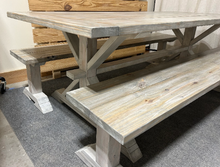 Load image into Gallery viewer, 7ft Classic Pedestal Table With Benches (Distressed White, Gray White Wash)
