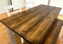 Load image into Gallery viewer, Farmhouse Dining Table Set - Gray and Provincial Brown - Bench Seating and Chair Option - Narrow Wooden Kitchen or Dining Table