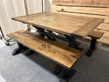 Load image into Gallery viewer, Modern Farmhouse Trestle Style Table Set - With Benches - Black Base with Provincial Brown Top - Dining and Kitchen Table