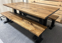 Load image into Gallery viewer, Trestle Style Farmhouse Table - Modern Provincial Brown with True Black - Wooden Dining Table with Benches