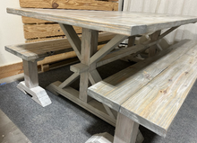 Load image into Gallery viewer, 7ft Classic Pedestal Table With Benches (Distressed White, Gray White Wash)
