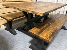 Load image into Gallery viewer, Modern Farmhouse Trestle Style Table Set - With Benches - Black Base with Provincial Brown Top - Dining and Kitchen Table