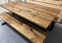Load image into Gallery viewer, Trestle Style Farmhouse Table - Modern Provincial Brown with True Black - Wooden Dining Table with Benches
