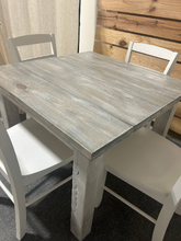 Load image into Gallery viewer, Square Farmhouse Table - With Chair Option - Small Dining Table - Wooden Nook Table Set - Gray White Wash, Distressed White